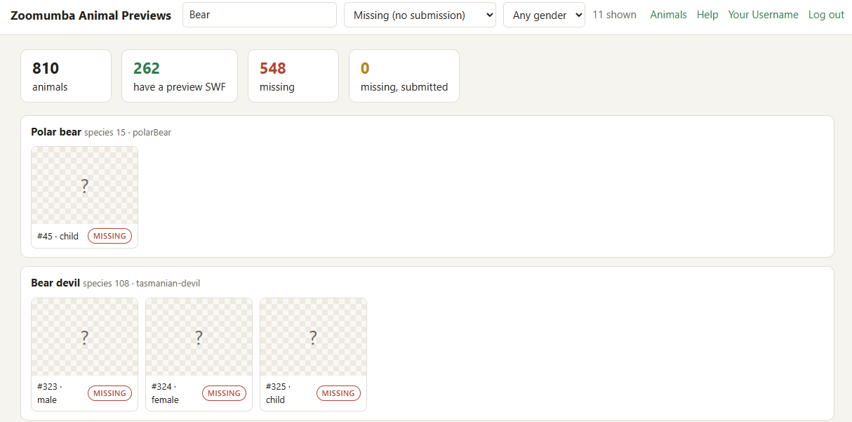 Animal list filtered to "Missing", search box filled in