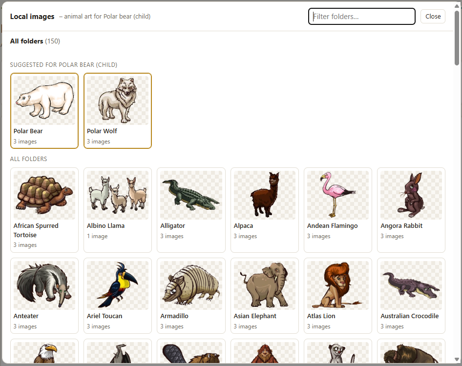 Local images dialog: suggested folders on top, filter box, folder thumbnails