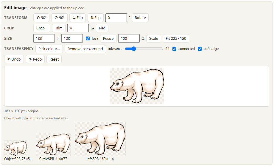 The image editor with the toolbar, the picture and the in-game previews