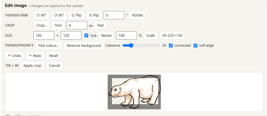 Crop mode: rectangle dragged around the animal, "Apply crop" button