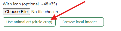 Wish icon field with the "Use animal art (circle crop)" button